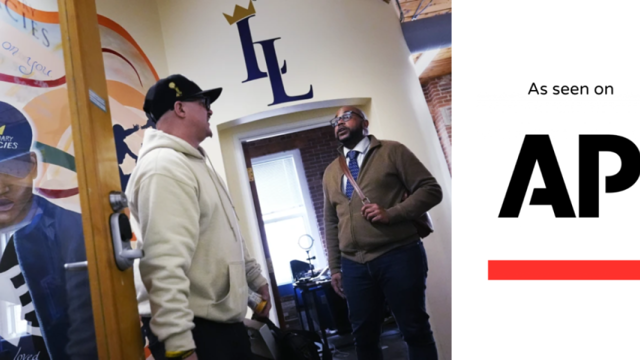 Ron Waddell, Founder and Executive Director of Legendary Legacies, right, talks with Gary Goyette at the nonprofit organization. 