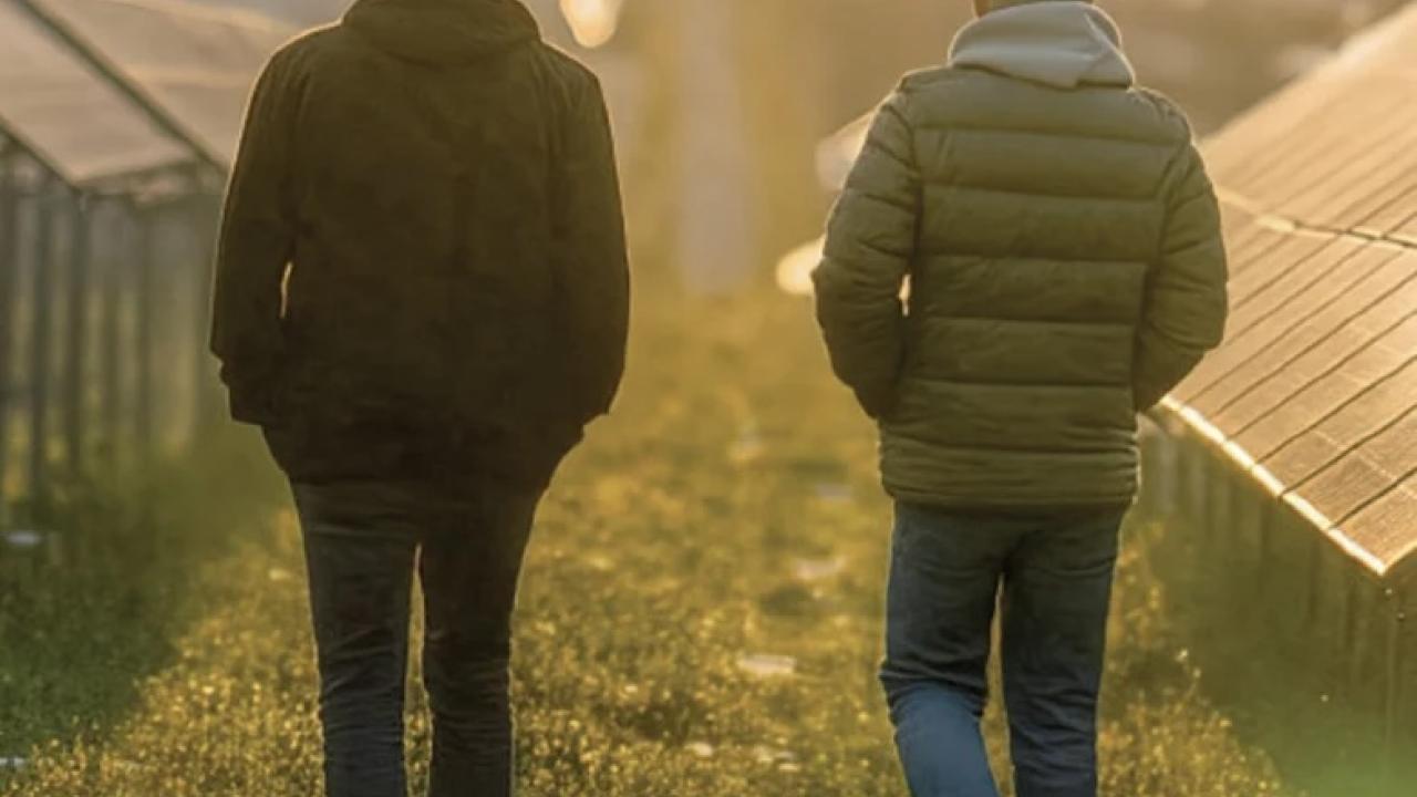 Two people walking through field with solar panels