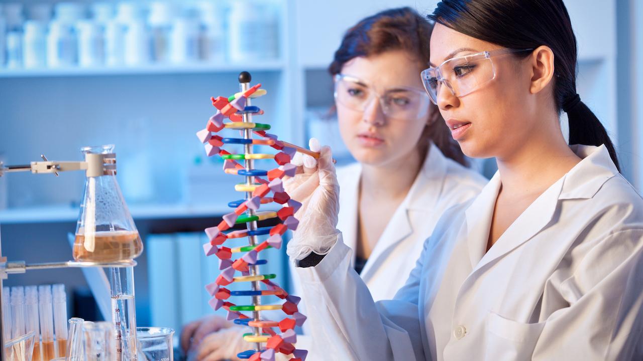 Two female scientists working in a lab.