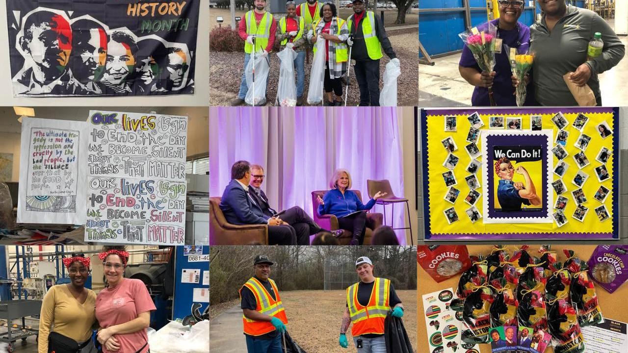 Collage of nine photos celebrating Black History Month, volunteering and female employees