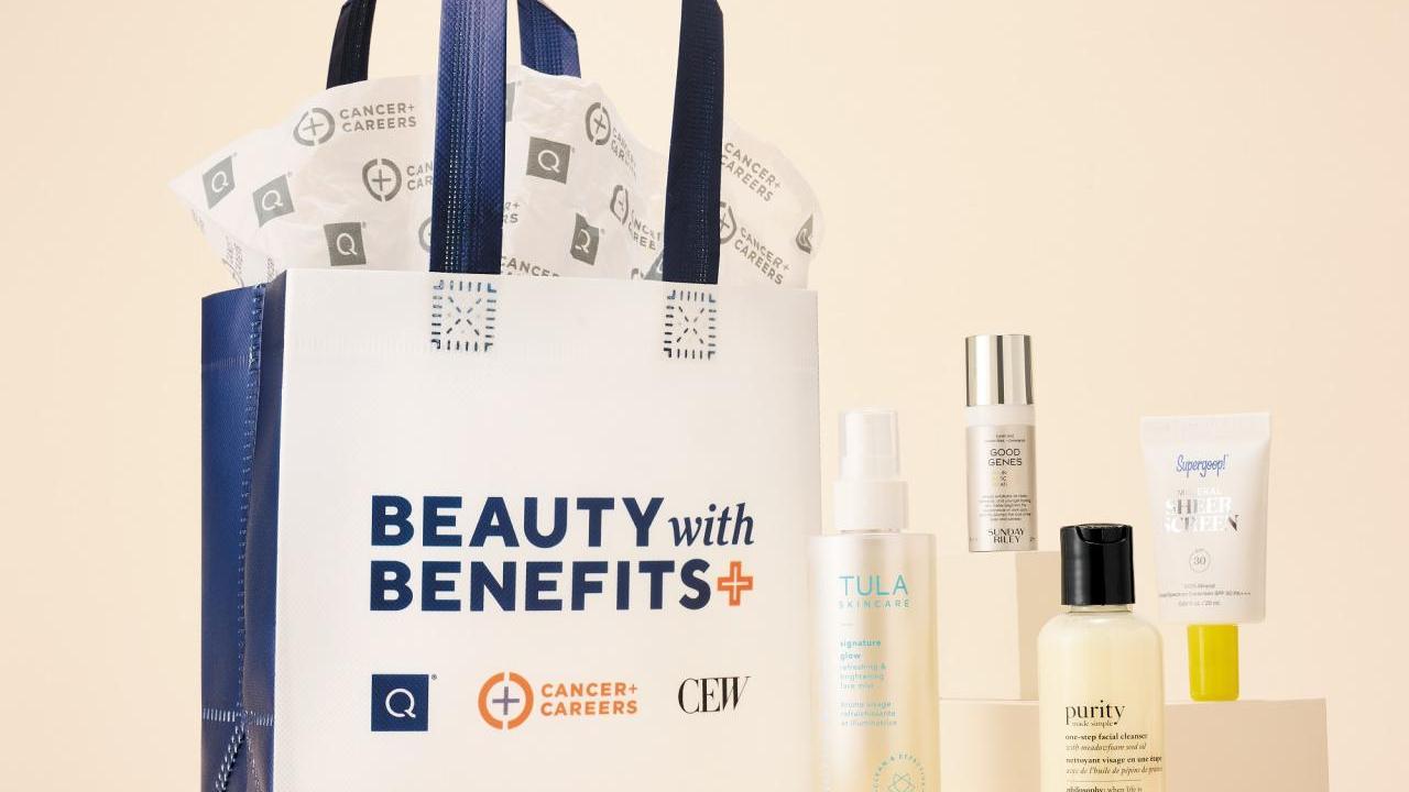 The Beauty with Benefits Gift with Purchase bag is pictured, along with four products from TULA, Sunday Riley, Supergoop! and philosophy. 