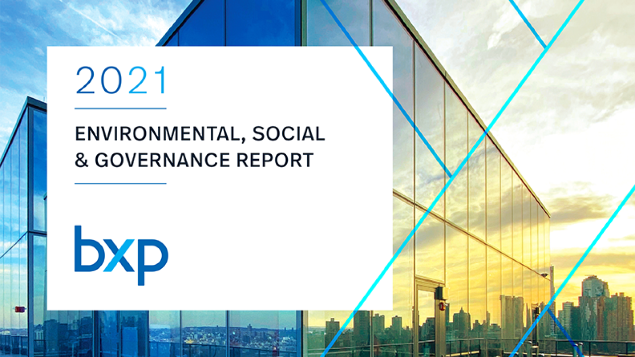 "2021 Environmental, Social, and Governance Report" with bxp logo and building in background
