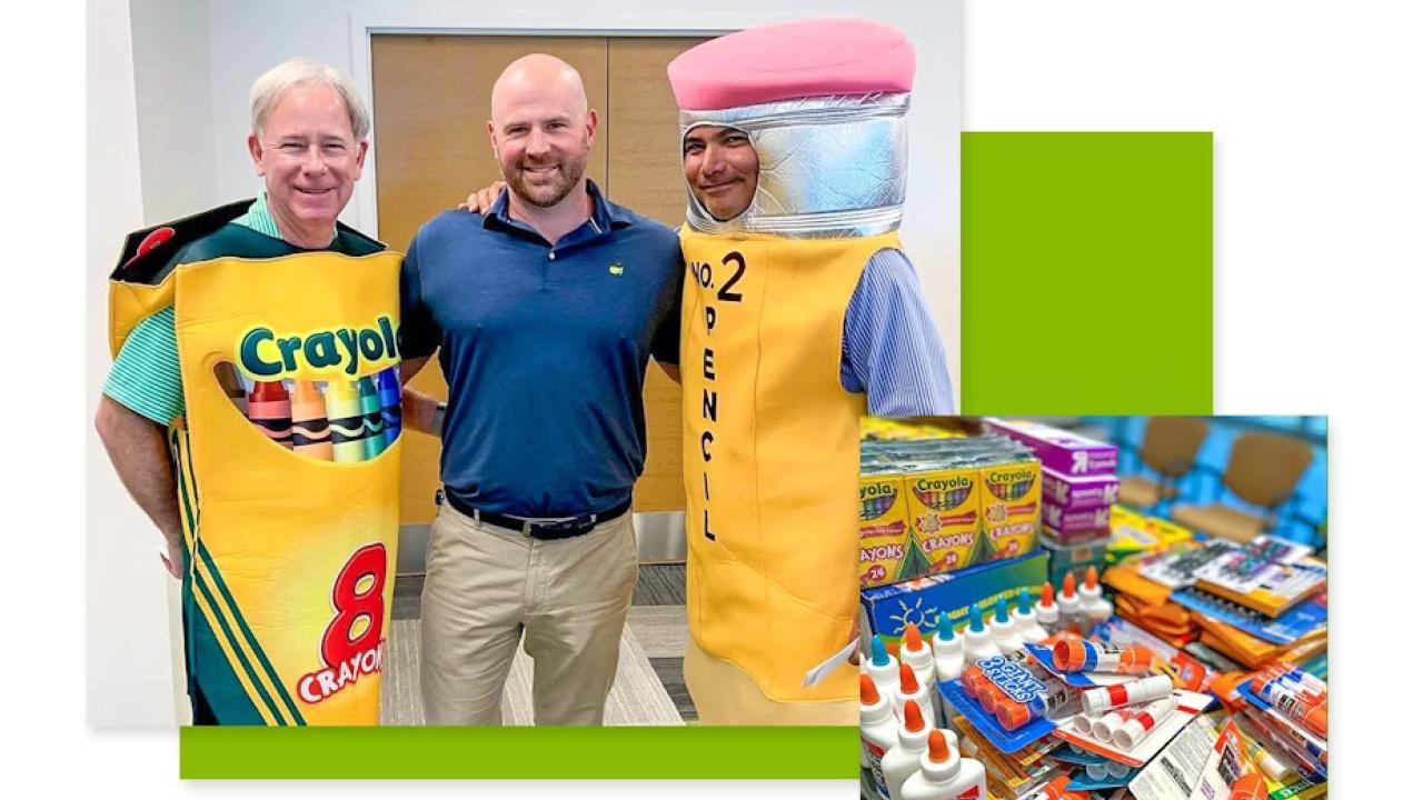 Collage of people dressed in costumes posed and piles of school supplies.