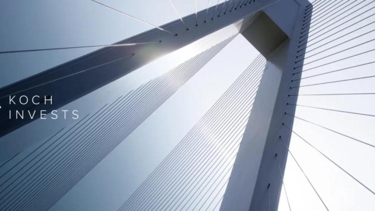 Photo of bridge cables with the text "Koch Invests"