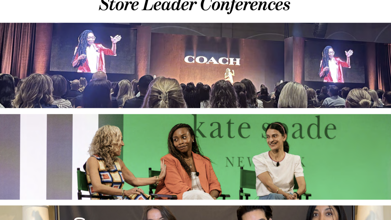 Three pictures from the North American Store Manager and Store Leader Conferences. 1) COACH presenting a talk on stage to a crowd of people. 2) Three people sat on chairs with a green 'kate spade' logo behind them. 3) group of people smiling against a backdrop with a range of logo's on