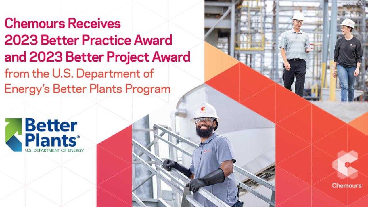 "Chemours Receives 2023 Better Practice Award and 2023 Better Project Award from the U.S. Department of Energy's Better Plants Program" With images of employees