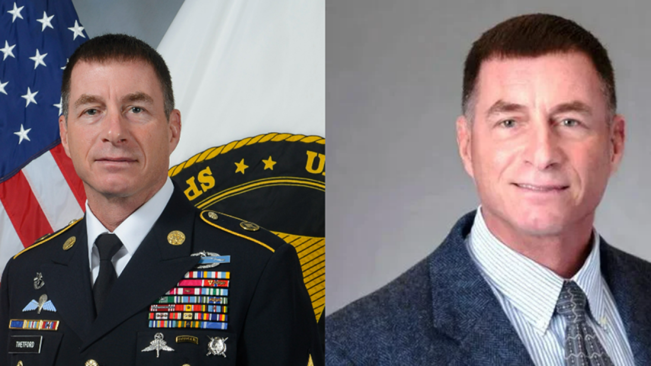 William F. Thetford on the left in military uniform, and the right in a suit and tie.