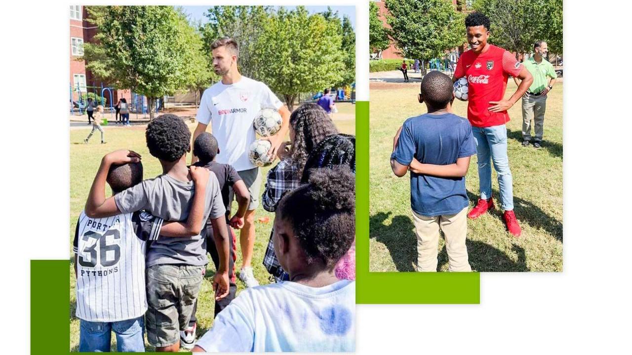 Two separate photo's of soccer professionals talking to children