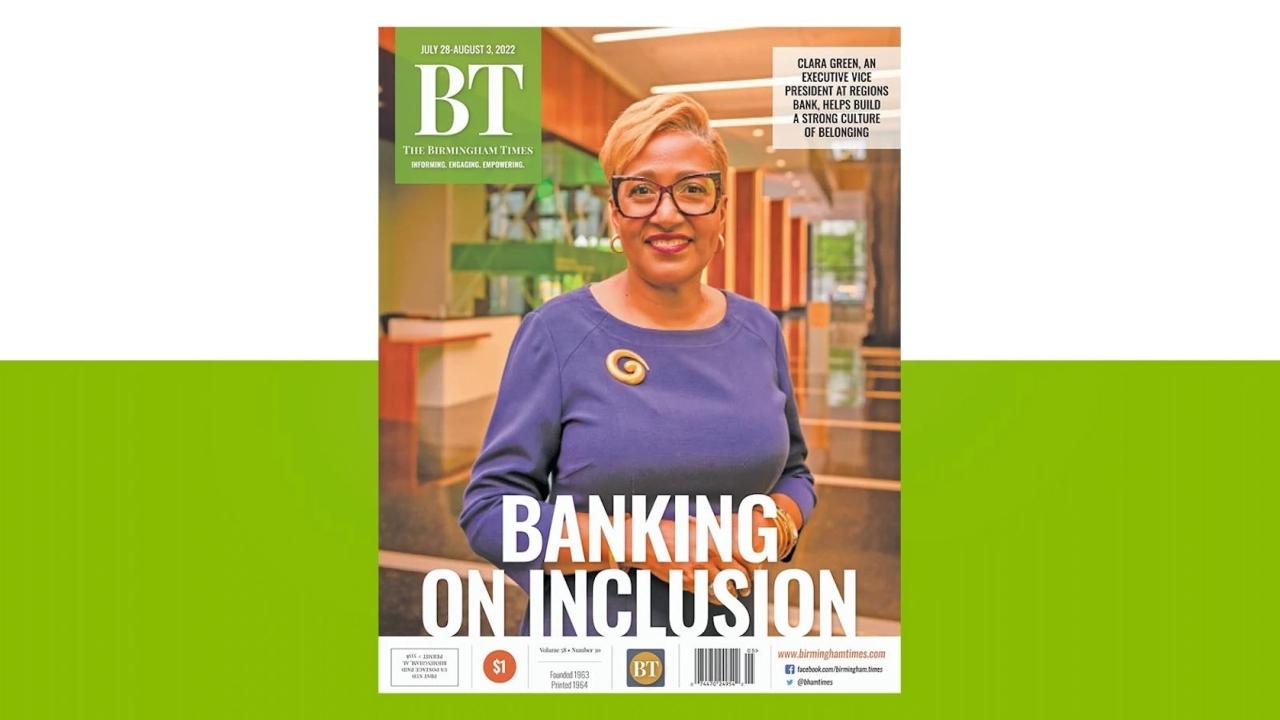 Birmingham Times cover featuring Clara Green in a purple shirt