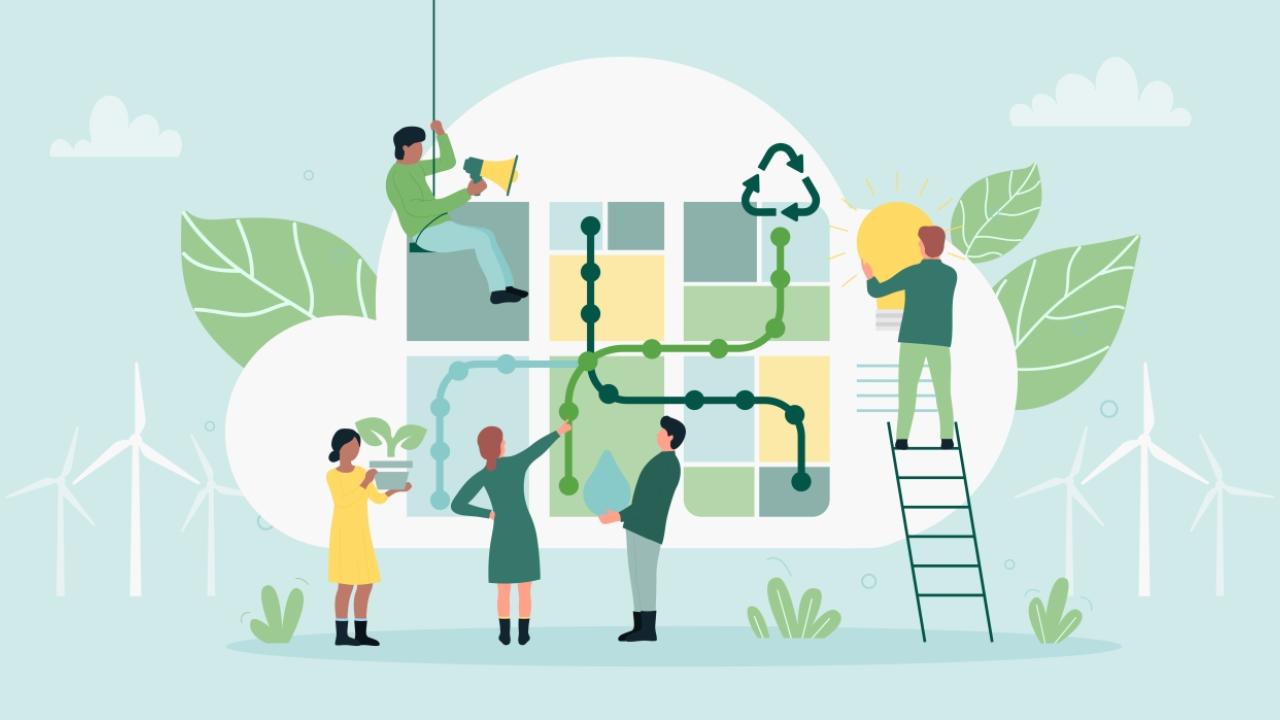 Illustration of people building technology in a cloud 