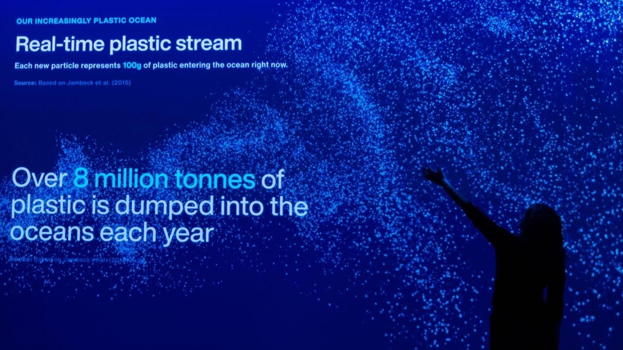 "Real-time plastic stream, Over 8 million tonnes of plastic is dumped into the oceans each year" with blue background