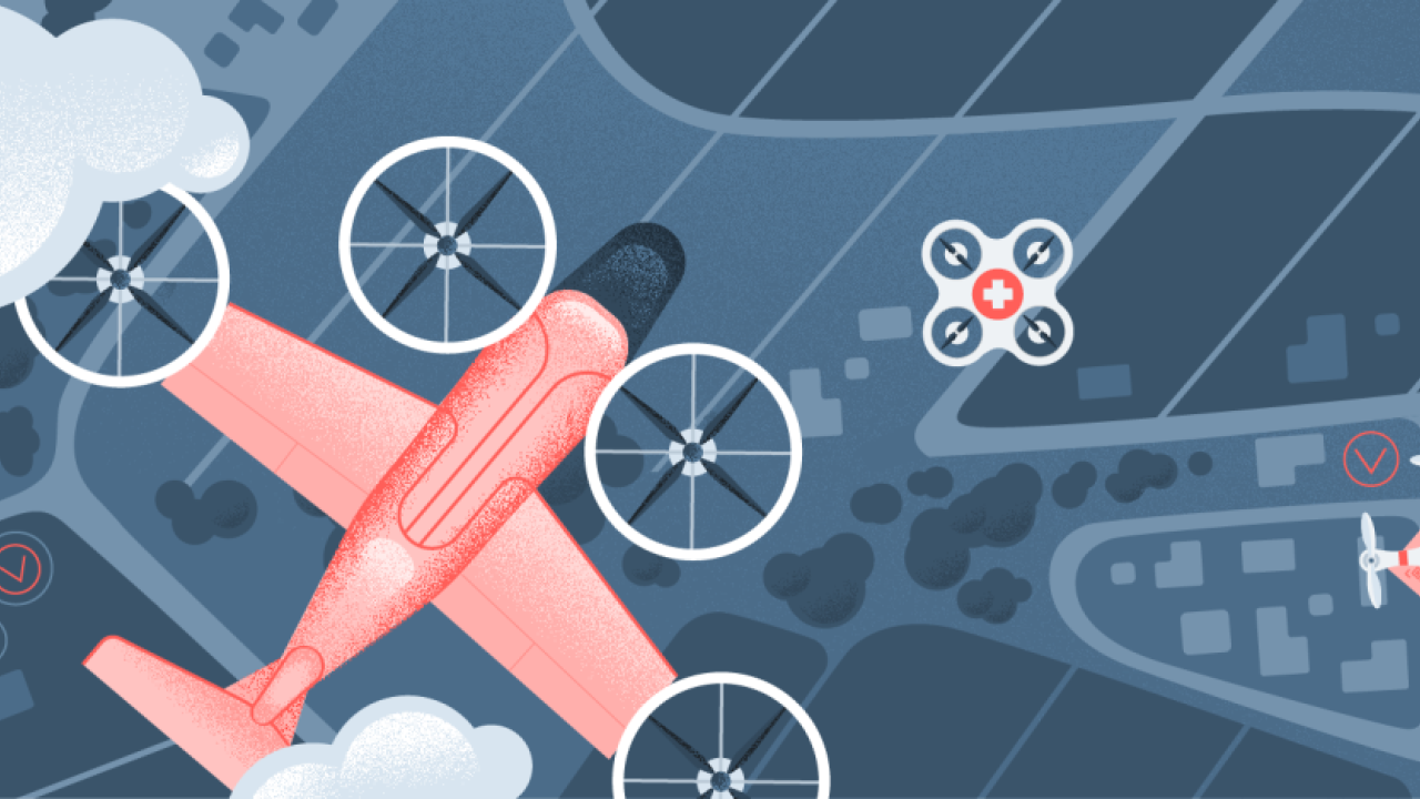 stylized image of a pink drone flying over a blue landscape