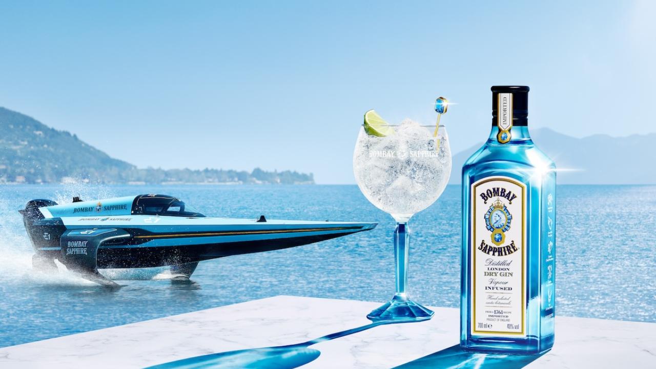 Speedboat pictured next to bottle and glass of Bombay Sapphire