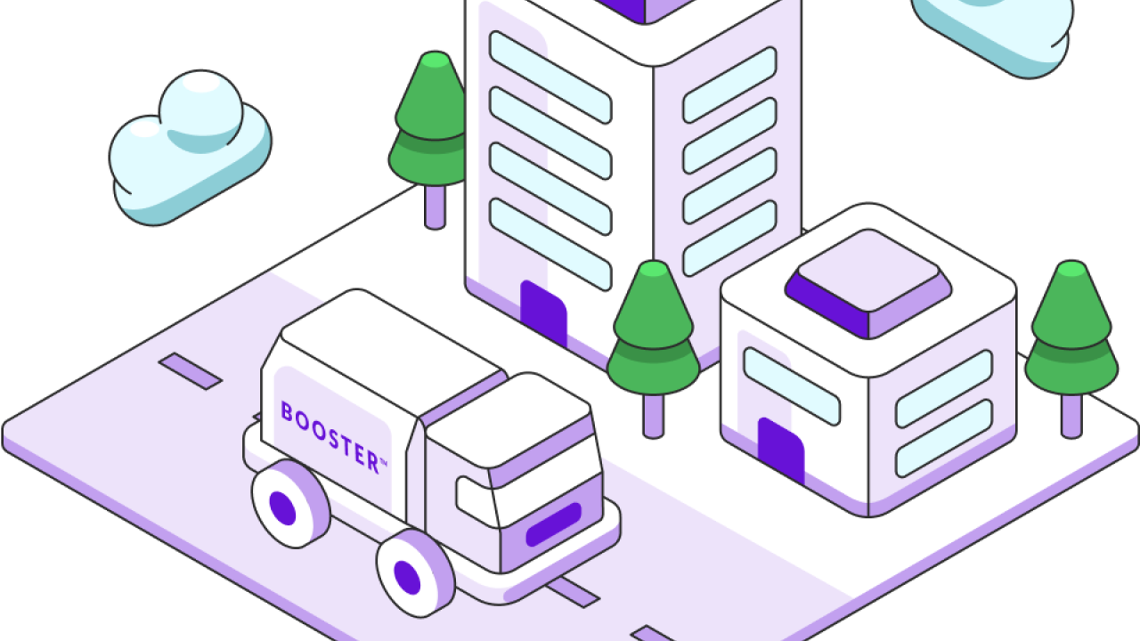 Booster SmartTanker drives through city. 