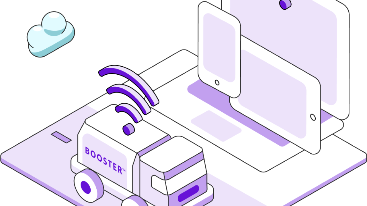 An illustration of a purple Booster tanker with a wifi symbol floating above. In he background, phones and tablets float with a wifi symbol. 
