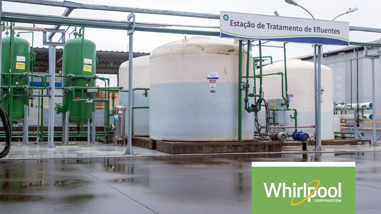 Outdoor water storage tanks and piping. Whirlpool logo in lower left corner