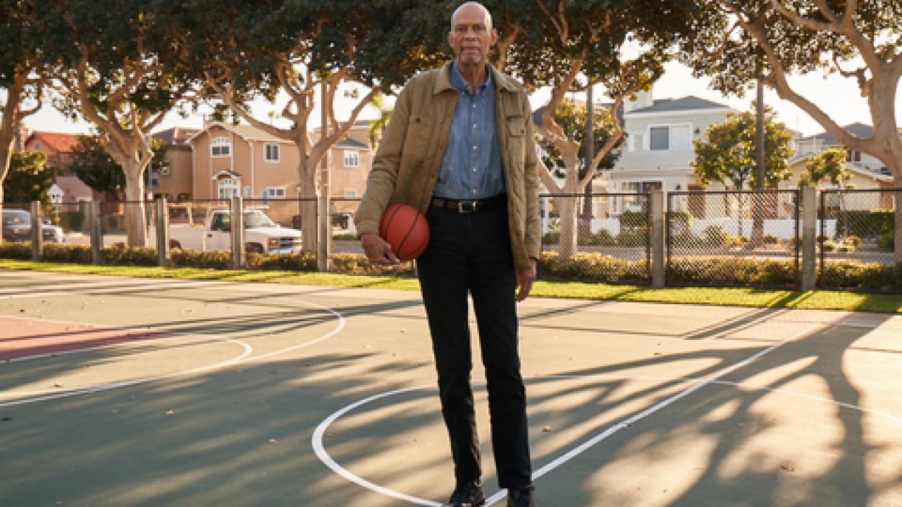 Kareem Abdul-Jabbar shown on a basketball court.