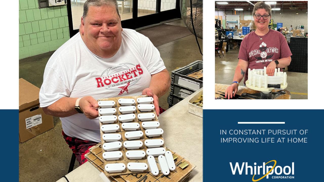 Collage of people doing assembly work and the whirlpool logo