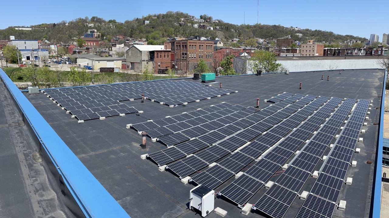 Rooftop solar array on Brother's Brother Foundation warehouse building