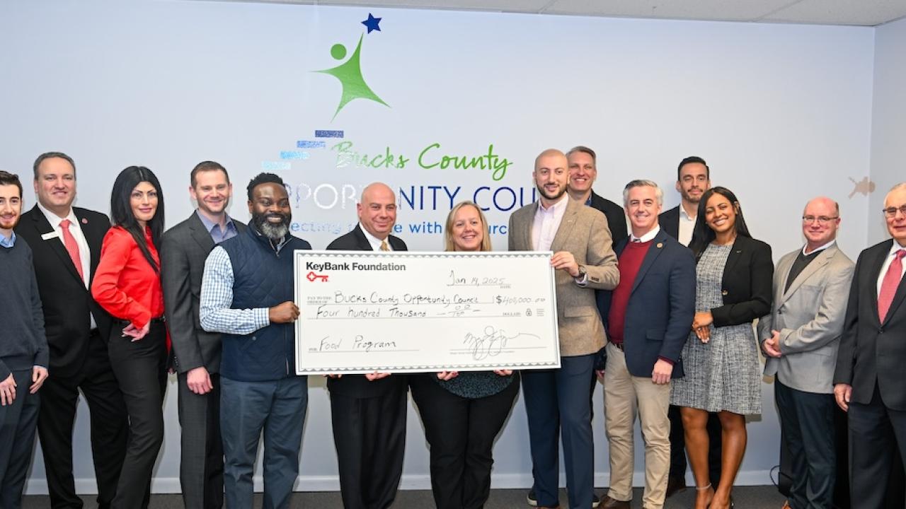 Pictured from left:  Vince Ciccarelli, KeyBank Consumer Product Manager;  Michael Gunden - Chief of Staff for State Representative Tim Brennan;  Steve Goykhman, KeyBank Branch Manager, Warrington;  Melissa Young, KeyBank Area Retail Leader; Jon Wagner, KeyBank Business Banking Sales Leader; Chiwuike Owunwanne, KeyBank Corporate Responsibility Officer; Joseph Cuozzo, BCOC Development Director:  Erin Lukoss, BCOC  CEO and Executive Director; Youseff Tannous, KeyBank Market President and Market Retail Leader