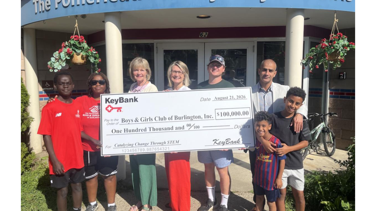 Leaders from KeyBank and the Boys & Girls Club of Burlington mark a $100,000 commitment to increasing access to STEM learning opportunities and building pathways to future careers for local youth.