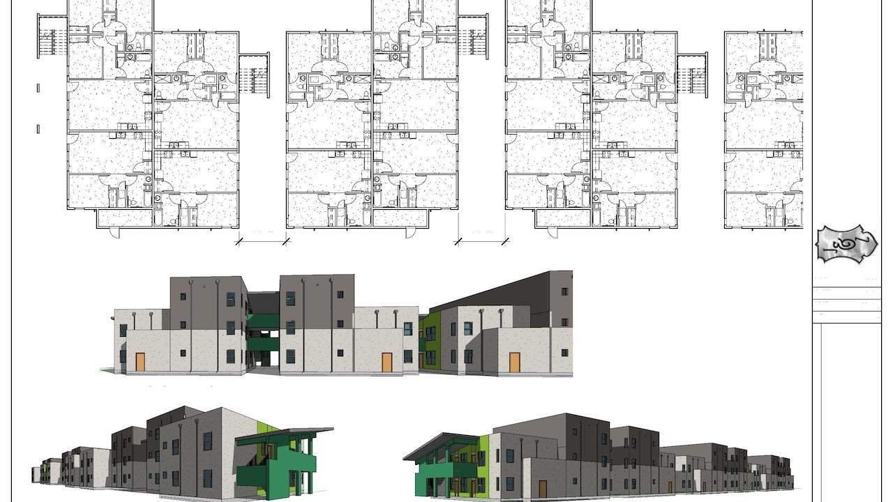 Floor plans of the Three Sisters apartment complex in Las Cruces, New Mexico.