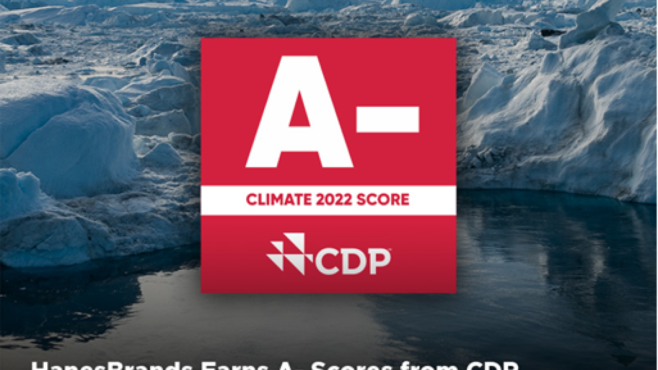 HanesBrands Earns A- score from CDP. Award logo is shown.