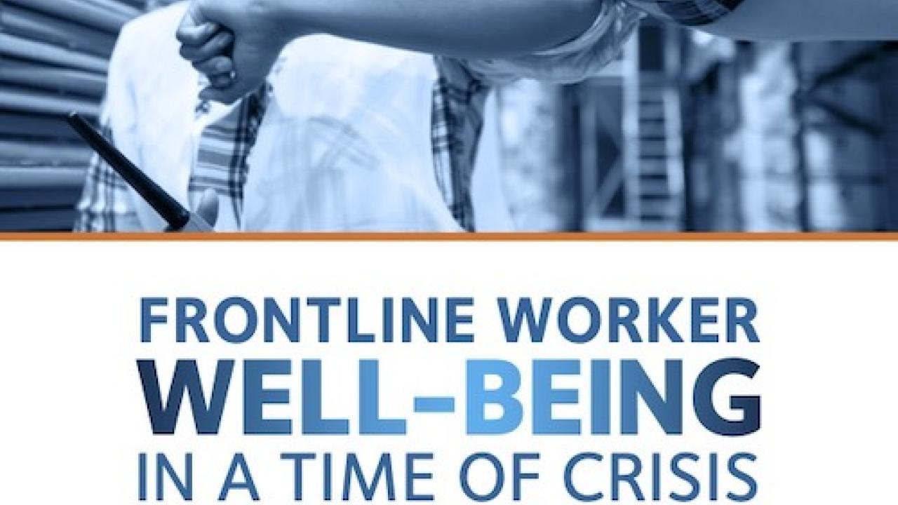 Frontline Worker Well-Being In A Time OF Crisis; Corporate support for critical roles during the pandemic and beyond. CECP Logo. Female worker, masked, gives an elbow skake to another worker.