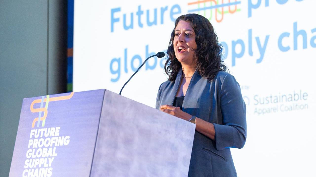 Amina Razvi, CEO, Sustainable Apparel Coalition during her welcome address at Planet Textiles 2023 in Milan, Italy