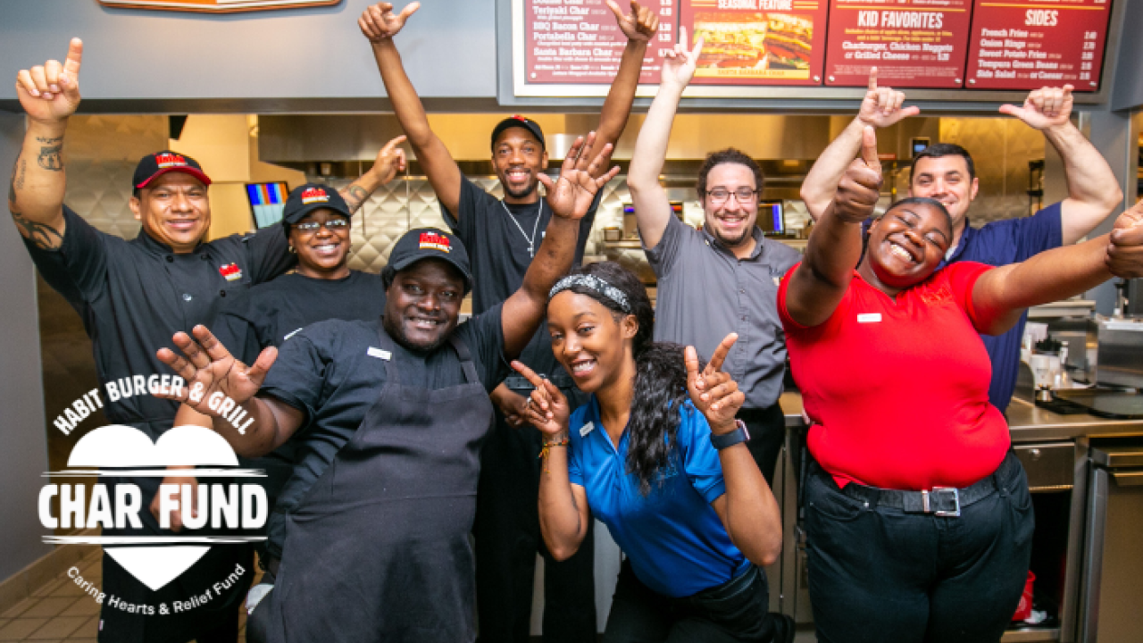 Group photos of smiling workers at Habit Burger & Grill 