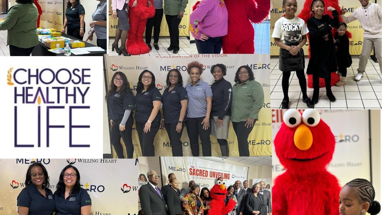 Collage of pictures from the Choose Healthy Life event, some featuring a person dressed as Elmo.