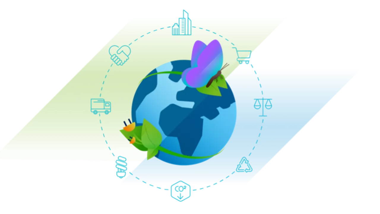 Graphic of earth with a butterfly and a plant