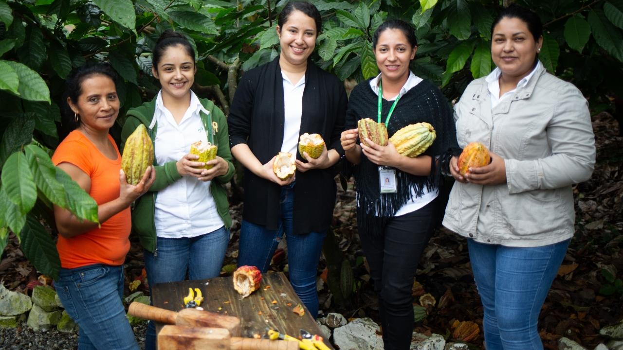Rosa Maribel Cortes, Julibee Portillo, Alejandra Lemus, Julissa Medina and Sandra Buezo all work at the Xol chocolate factory in Honduras. 