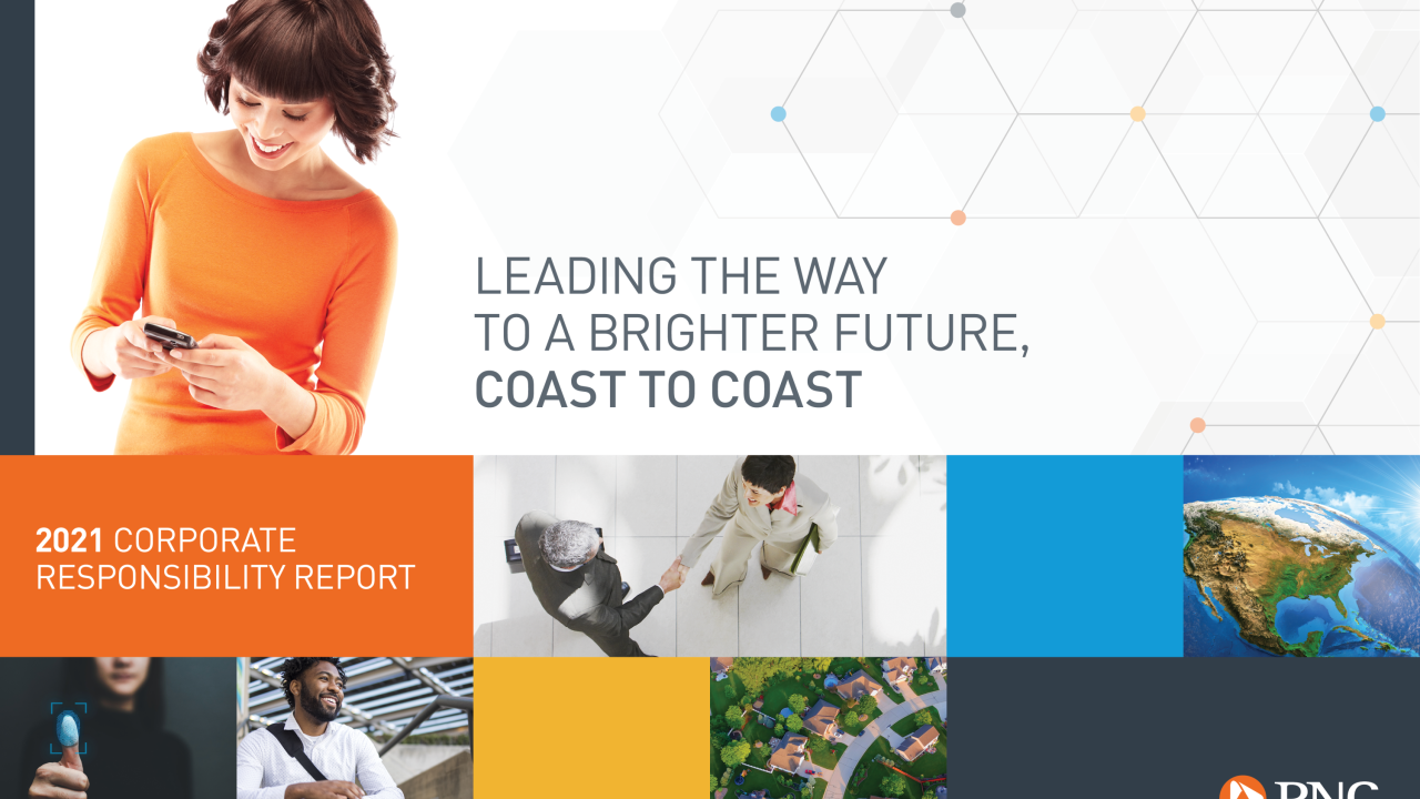 PNC's CR report cover "Leading the Way to a Brighter Future, Coast to Coast"