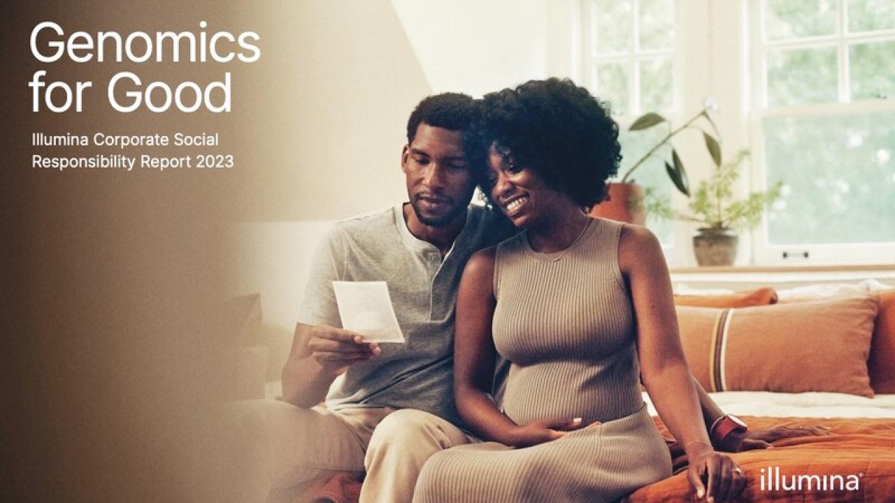 A couple looking at an image together. Reads: "Genomics for Good"