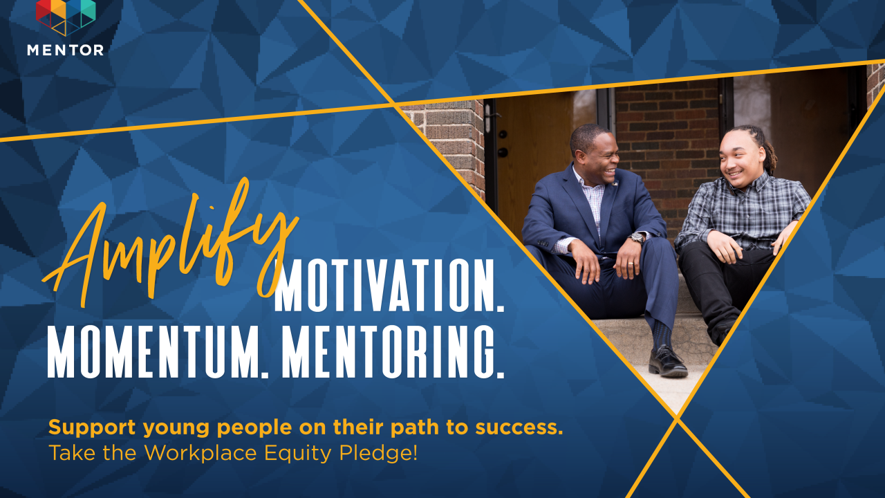 "Amplify Motivation, Momentum, Mentoring", with Two people smiling at each other