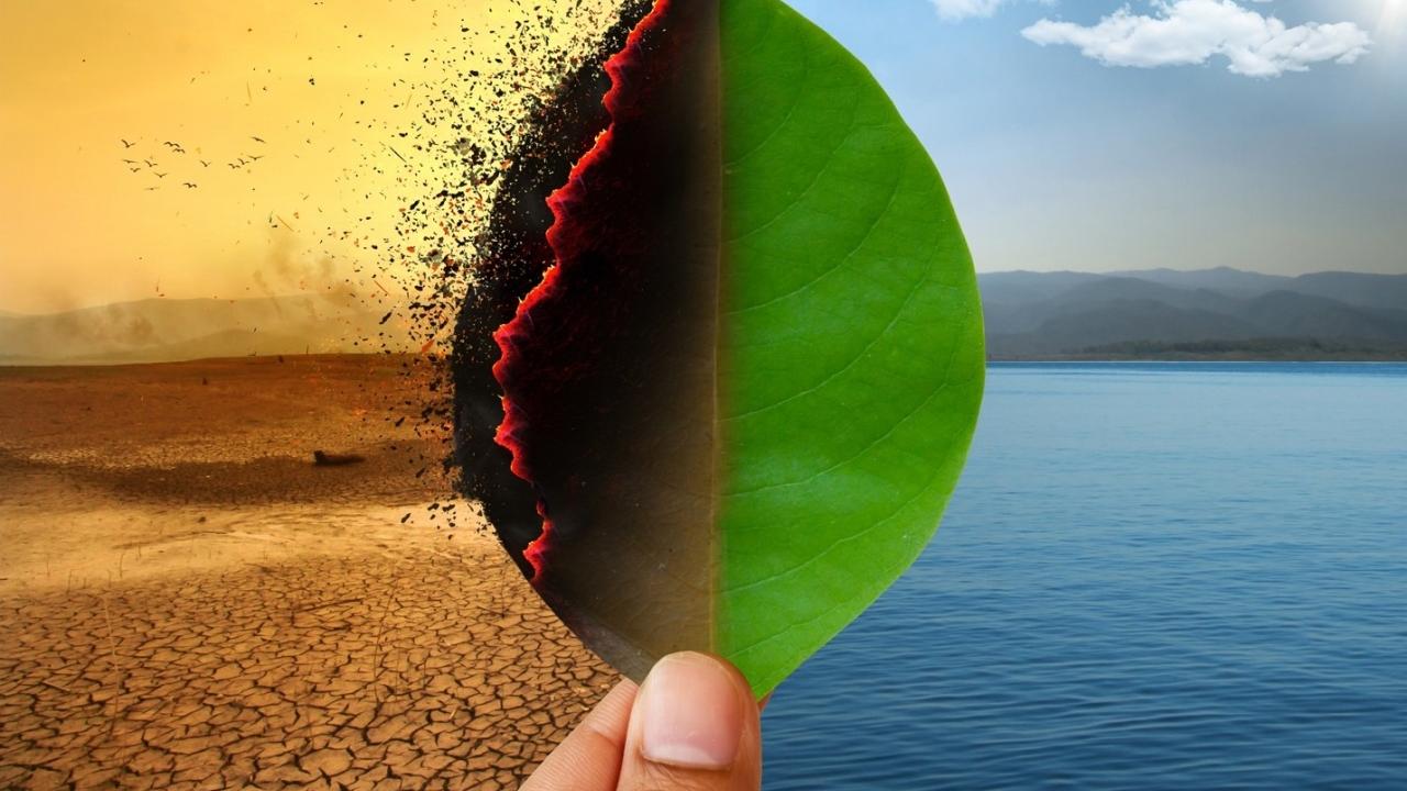 Hand holding leaf - on right side the leaf is green atop clear blue water and on left side leaf is black and burning atop parched dirt to depict climate change.