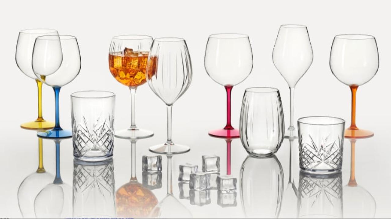 Glasses made from recycled polymers.