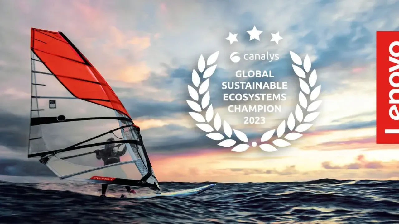 A windsurfer on a body of water. The seal for Canalys global sustainable ecosystems leadership and the Lenovo logo.