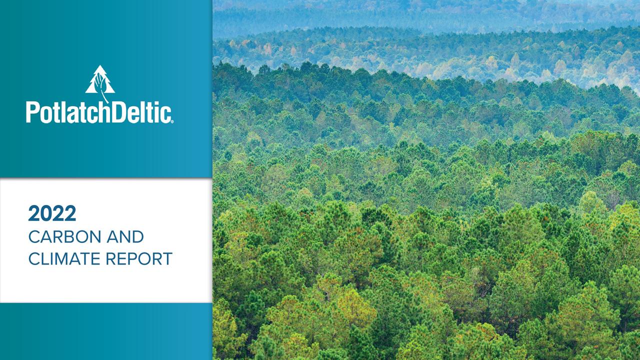 Satellite image of a forest with the text "PotlatchDeltic 2022 Carbon and Climate Report"