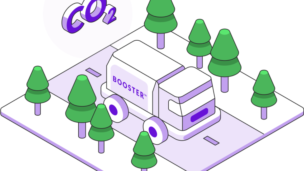 Illustration of a purple truck on the road. The term CO2 floats in the air behind. 