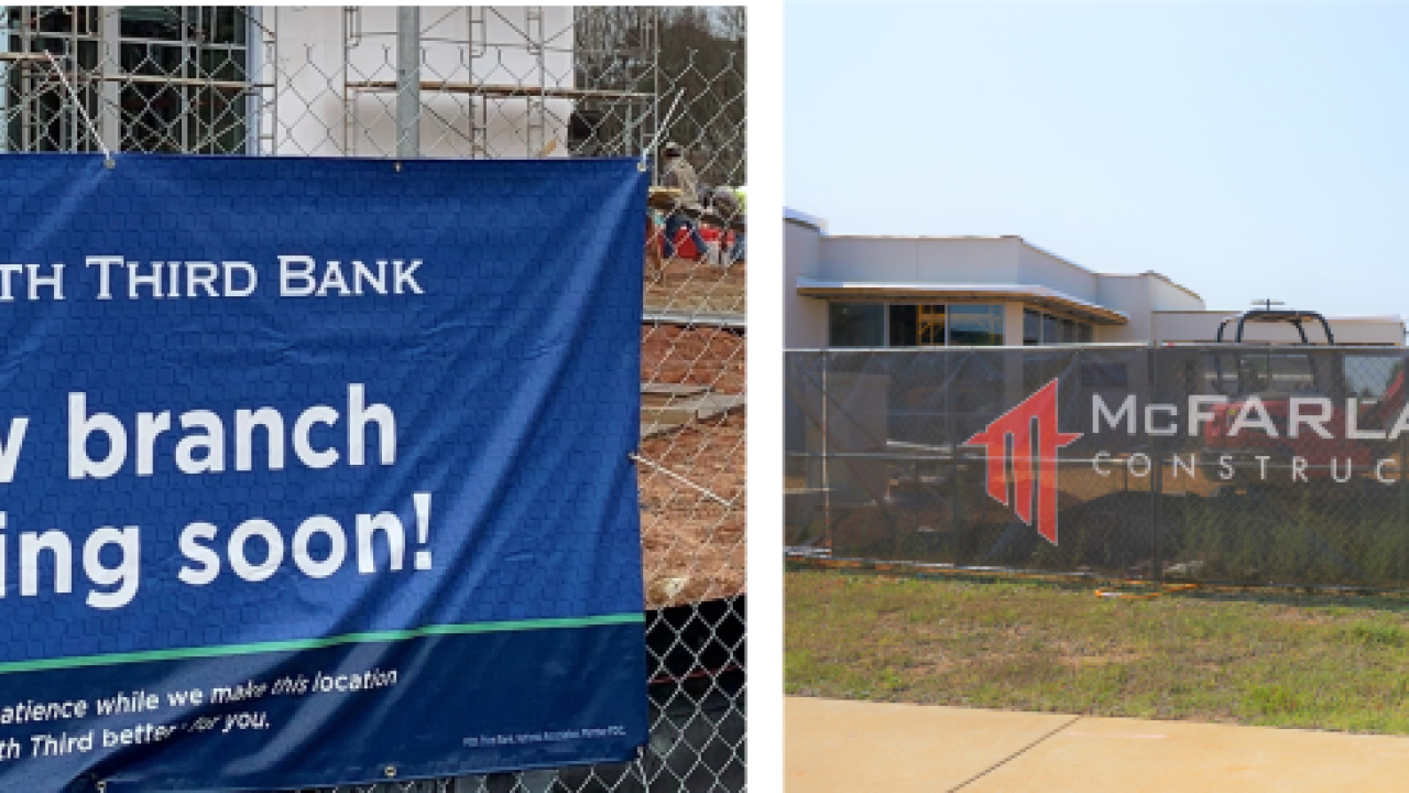 Collage of two photos left: a sign hanging on a fence "New branch coming soon" and fifth third logo. Right: A fence with McFarland construction sign and a wooden sign next to it with an image of the new building.