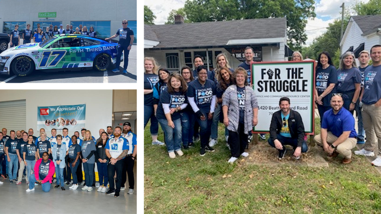 Collage of three photos of groups of volunteers in different locations.