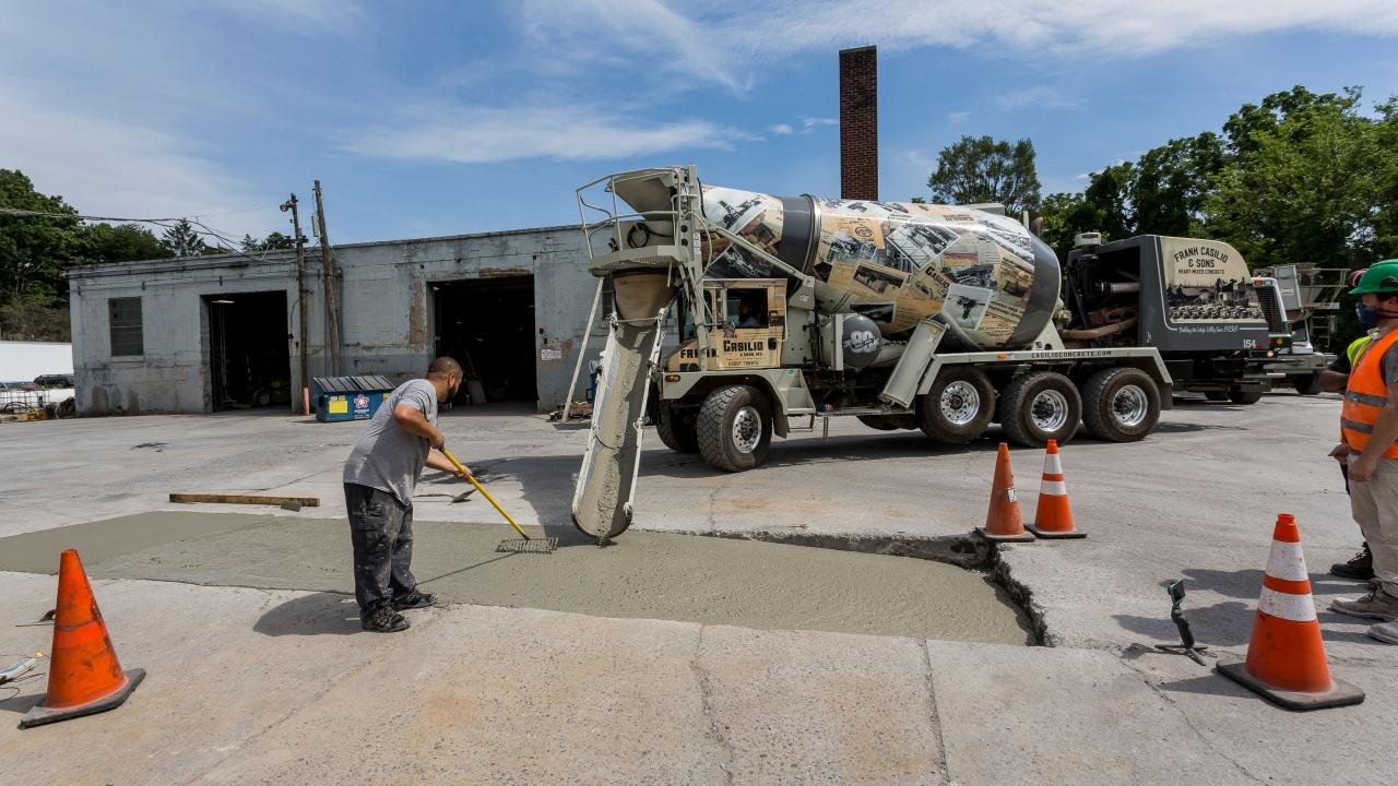 cement truck pouring cement
