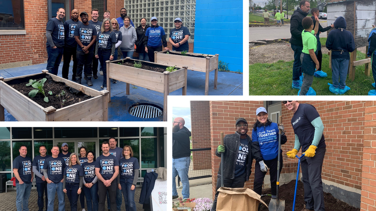 Four picture collage of volunteers in garden setting, and working with kids.