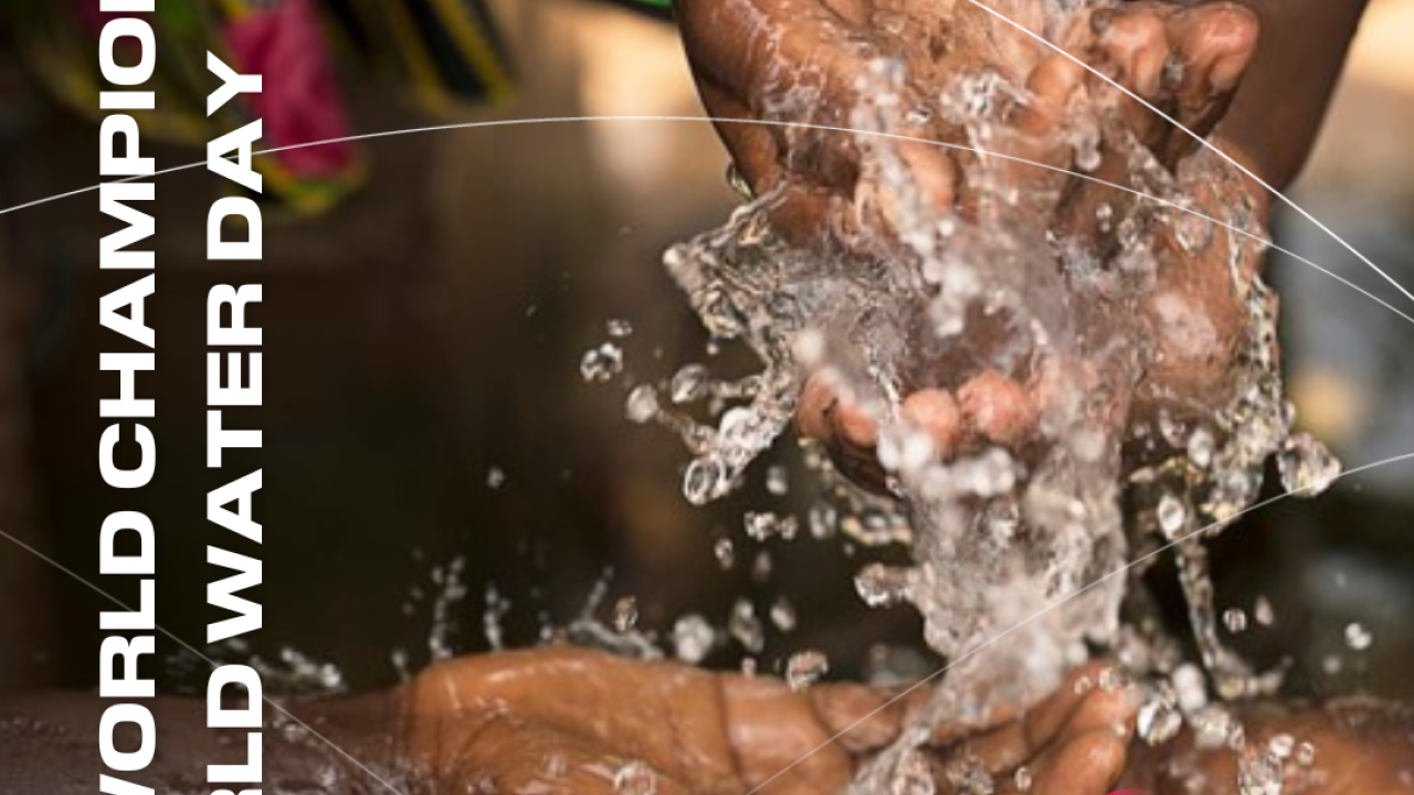 A photo of a person washing their hands with the text "DP World Champions World Water Day"