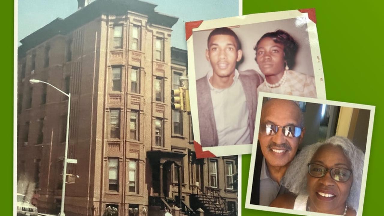 Brownstone and two photos: one an older couple and one an older photo of a young couple