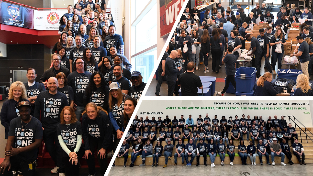 Collage of three photos of large groups of people in matching t-shirts.