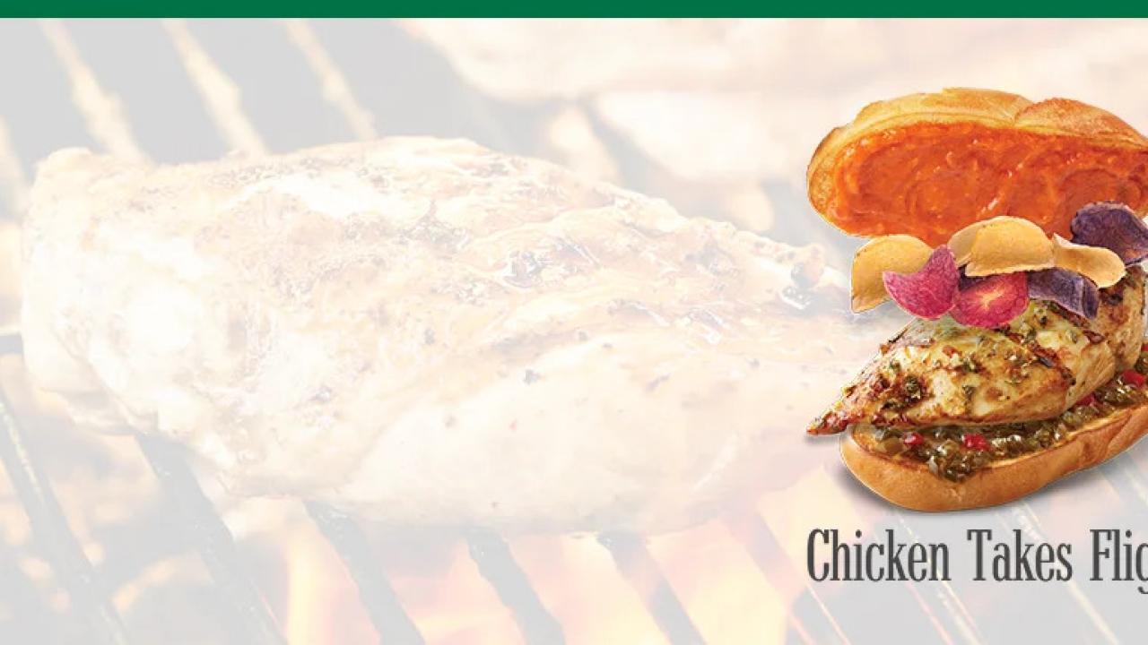 On a faded background of chicken on a flame grill, a chicken sandwich and "Chicken takes flight"