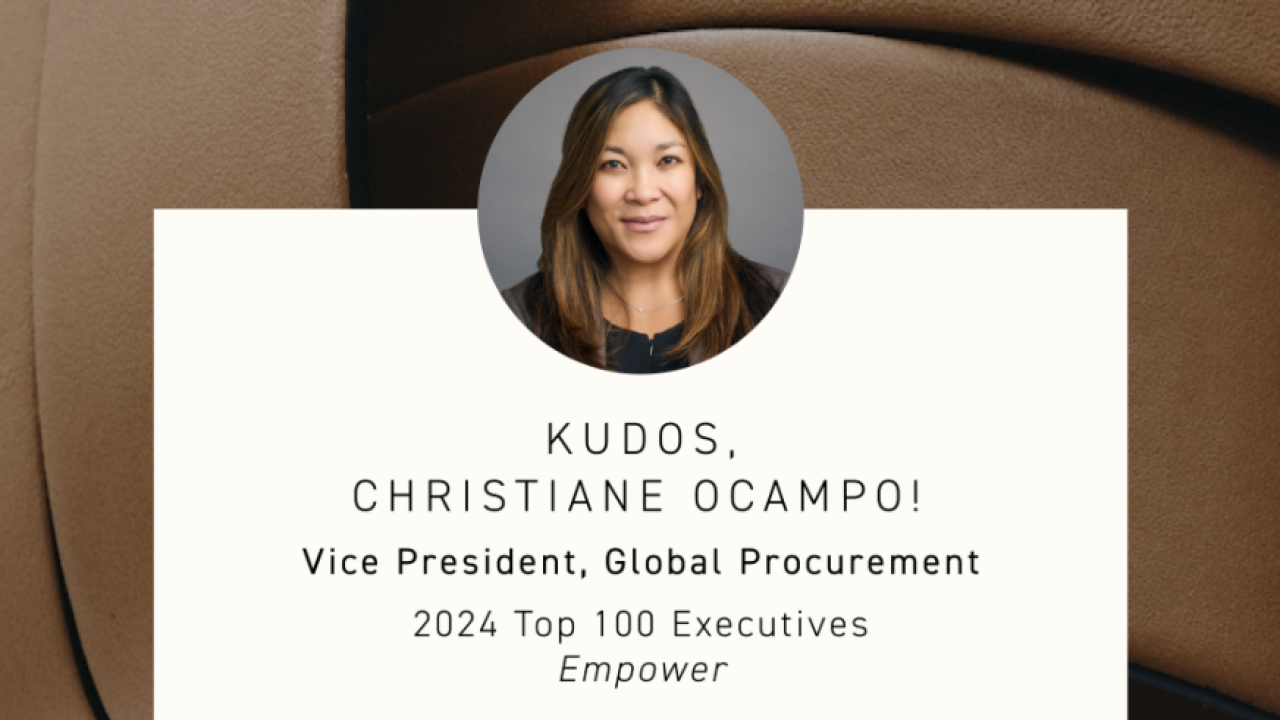 A photo of Christiane Ocampo, Vice President of Global Procurement at Tapestry, who was named among the 2024 ‘Top 100 Executives’ by Empower, on a background of brown stitched leather